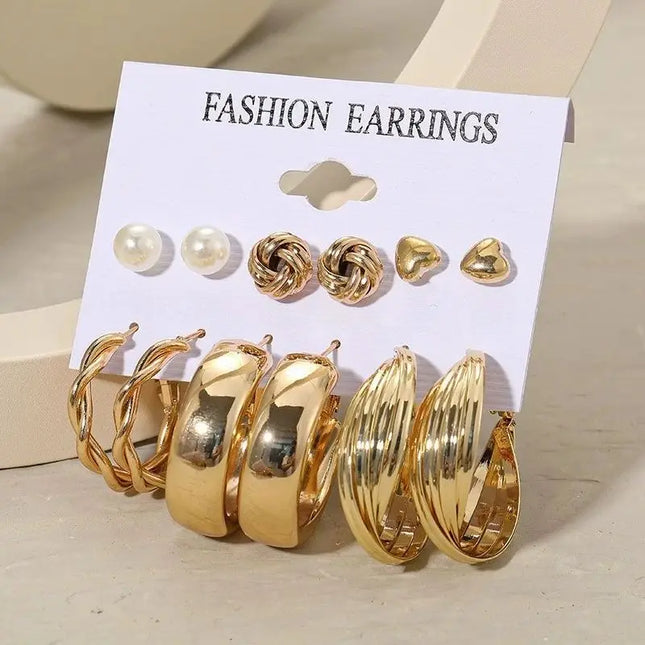 6 Pairs Fashion Geometric Hoop Earrings Set for Women Vintage Bohemian Pearl Gold Color Round Heart Stud Earring Punk Jewelry