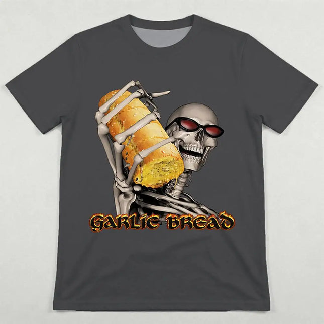 2026 New Garlic Bread Funny Meme Graphic T-Shirt Men's Women's Skull Pattern Print Tee Y2K Streetwear Fun Short-Sleeve Top