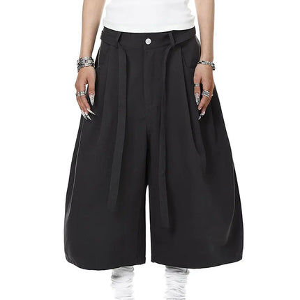 Mauroicardi Spring Summer Loose Soft Baggy Black Scimitar Wide Leg Shorts for Men High Waist Sashes Knee Length Pants Clothes