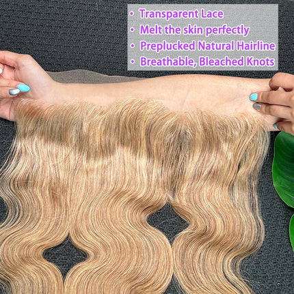 Body Wave #27 Colored 13x4 Transparent Lace Frontal Human Hair Bleached Knots Prepluck 100% Raw Virgin Human Hair Closure Only