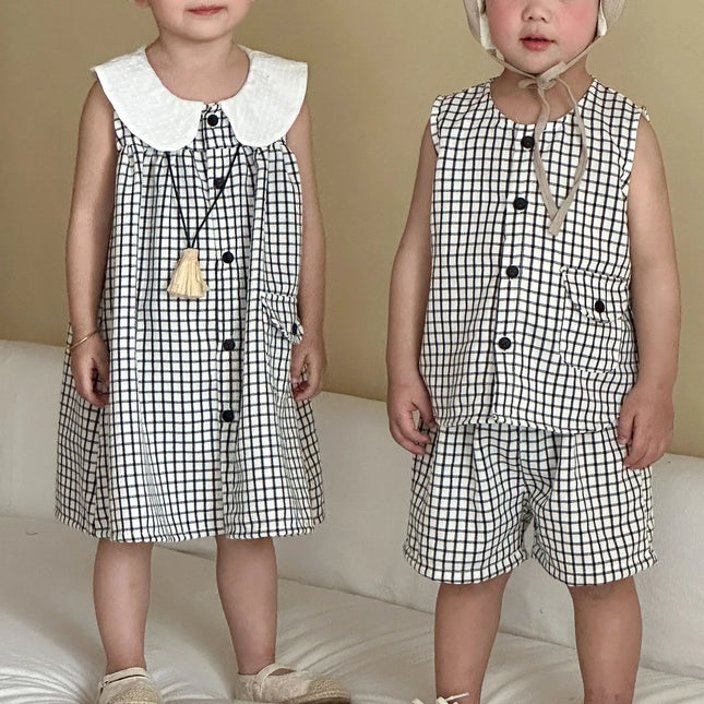 RAISE 2026 Summer Children Outfit Muslin Peter Pan Collar Kids Girls Sleeveless Dress Thin Plaid Tank Top Vest+loose Shorts Suit