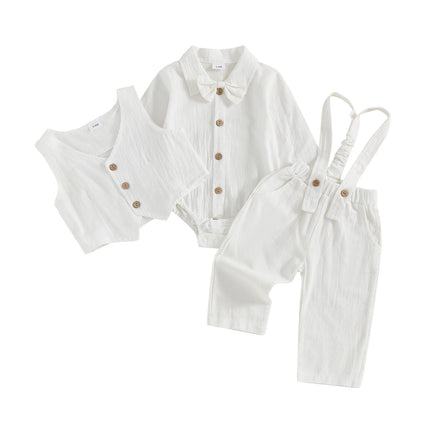 0-18M Newborn Baby Boy Dress Clothes Long Sleeve Romper Shirt Bowtie Waistcoat Suspender Pants Set Suit Fall Outfits