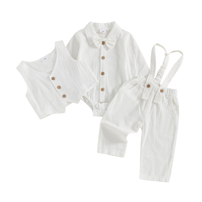 0-18M Newborn Baby Boy Dress Clothes Long Sleeve Romper Shirt Bowtie Waistcoat Suspender Pants Set Suit Fall Outfits