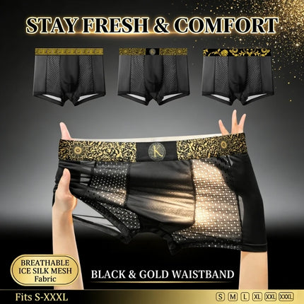 Men's Ice Silk Boxer Briefs Black Gold Baroque Waistband Breathable Quick-Dry Sports Trunks Plus Size 6XL Summer Cool Underwear