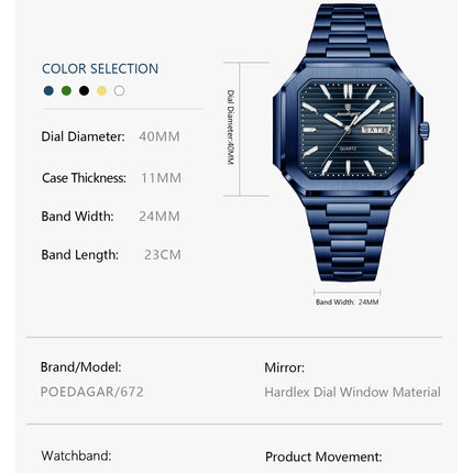 POEDAGAR Top Luxury Brand Men's Watch Waterproof Luminous Date Week Quartz Men's Watches Stainless Steel Fashion Square Men's Watch