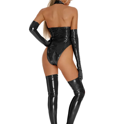 New Women Sexy Lace up Lingerie Bodysuit Patent Leather Mock Neck Body Suit Glossy Zipper Catsuit for Club Pole Dancing Full Set