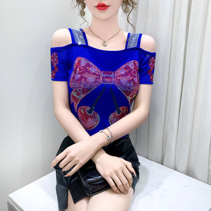 New Summer European Clothes Women's T-Shirts Luxury Butterfly Hot Diamonds Tees Sexy Streetwear Off-Shoulder Tops Shirt