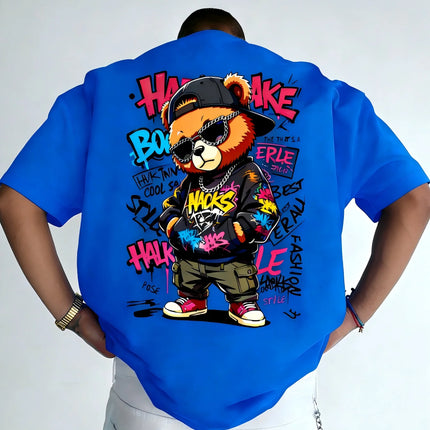 European and American men's summer teddy bear graffiti print comfortable and breathable round neck T-shirt outdoor street top