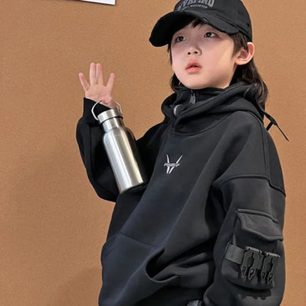 Stylish Boys' Fleece-lined Pullover Hoodie Mechanical Buckle Hooded Top Trendy Hip-hop Dance Performance Outfit for Medium Kids