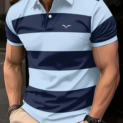 Men's Fashionable Summer Striped Casual Short Sleeved Shirt, Button Neck, Mixed Color Suitable for Golf or Casual Wear