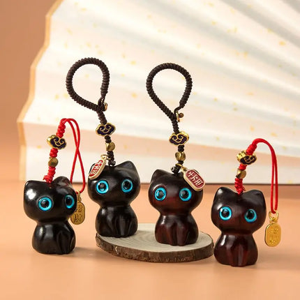 Sandalwood Wooden Cat Keychain Anime Cute Mobile Phone Chain Wooden Pendant Personality Creative Cute Accessories Hand-knitted