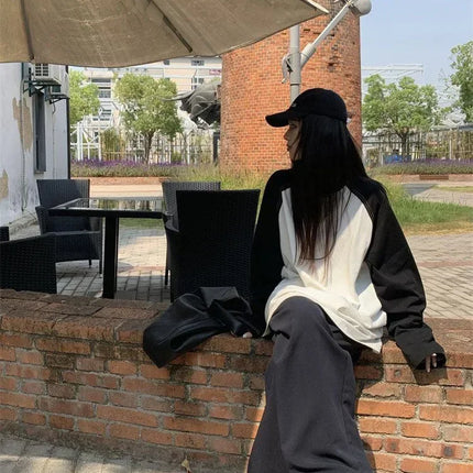 Casual Oversized T-Shirt Y2K Tops Harajuku Long Sleeve O-Neck T-Shirts Spring Autumn Black White Patchwork Tees Women Streetwear