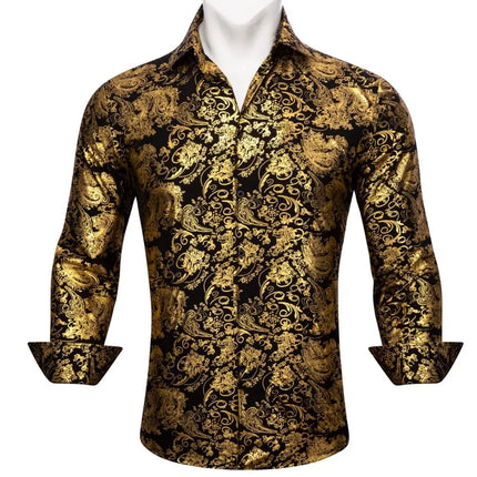 Luxury Silk Shirts for Men Long Sleeve Gold Black Floral Embroidered Regular Slim Fit Male Tops Regular Lapel Bloues Barry Wang