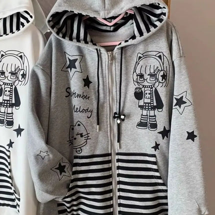 Japanese Y2k Hoodies Jackets Women Clothes Polka Dot Cat Print Sweatshirts 2025 Ropa Mujer Casual Chic Hooded Cute Hoodie Tops