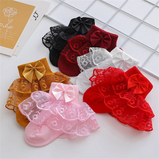 Pudcoco Infant Baby Girls Ruffle Lace Socks, Super Soft Infant Ankle Socks Princess Dress Socks with Bow 3M-2T