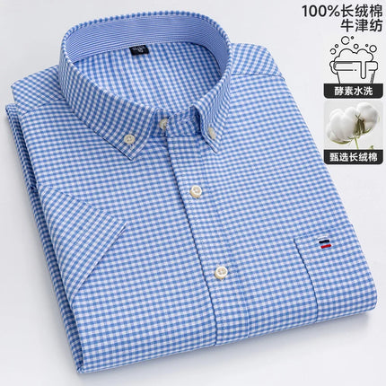 New 100% Cotton Oxford Men's Shirts Short Sleeve Plaid Soft Regular Fit Formal Dress Shirt Social Blouse Male Clothes 6XL 7XL