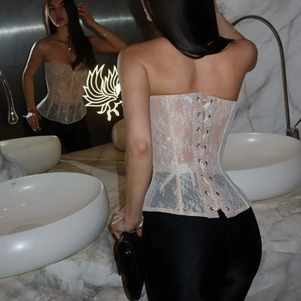 Sexy Women's Lace Fishbone Bandage Vest Slim Strapless Backless Female Corset 2026 Spring Summer Lady Chic Beach Party Tops