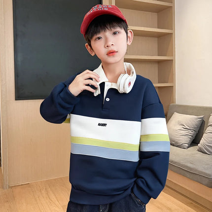 Korean Children Long Sleeve Winter Polo Shirt Coat for Tweens Boy Age 5 To 14 Years Kids Casual Warm Insulated Polo Sweatshirt