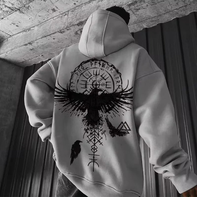 2025 Totem Viking Eagle Print Y2K Men Long-sleeve Hooded Sweatshirt Autumn Winter Daily Outdoor Casual Street Fashion Sportswear