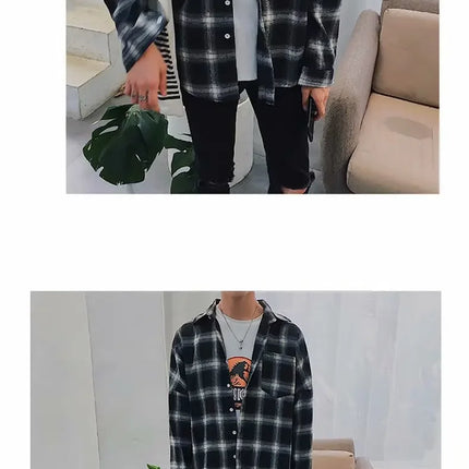 Casual Plaid Long Sleeve Men's Shirt Autumn Korean Style Loose Fashionable Outerwear Couple's Casual Shirt Comfortable Fit