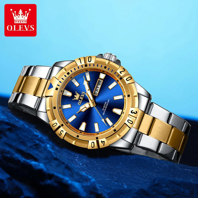 OLEVS Men's Watches Luxury Diving Series Stainless Steel Waterproof Luminous Dual Calendar Fashion Quartz Wristwatch for Men