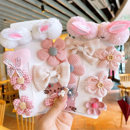 9Pcs/Set Kids Plush Hair Clips Cute Rabbit Children Side Clip Cartoon Baby Barrettes Winter Headdress Bow Flower Girls Hairpins