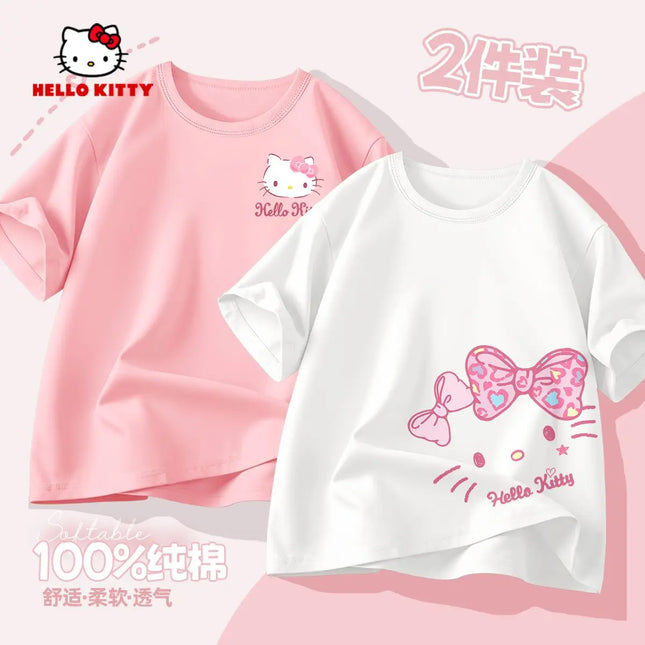 (2 Pieces Per Pack) Sanrio Summer Baby Girls 100% Cotton Clothes Kid Children Girl Hello Kitty Printed T-shirts Short Sleeve Top