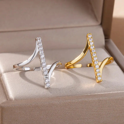 Zircon Geometric Rings For Women Gold Color Stainless Steel Opening Ring Luxury Wedding Party Aesthetic Jewelry Gift Femme 2024