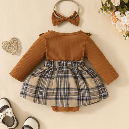 Baby Gilrs Long Sleeve Autumn/Winter Plaid With Bow Honey Jumpsuit For Newborn-18M Vacation Wear +Headband