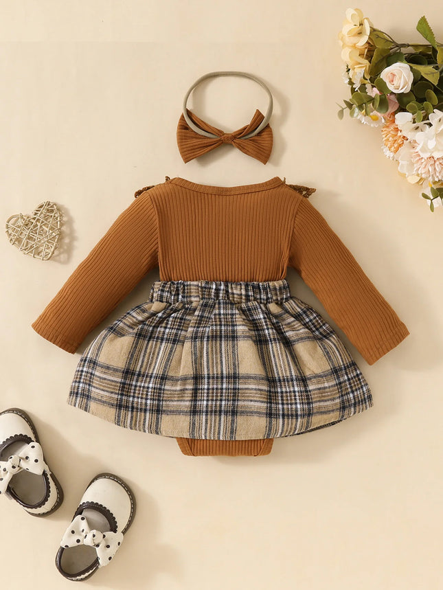 Baby Girls Long Sleeve Autumn/Winter Plaid With Bow Honey Jumpsuit For Newborn-18M Vacation Wear +Headband