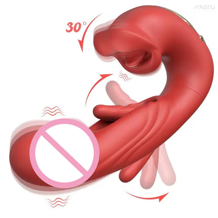 3in1 Dual Stimulator Vibrator for Women G Spot Clitoral Soft Finger Flapping Masturbation Dildo with Tongue Licking Stick