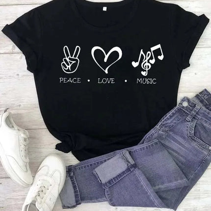 Fashion Women T Shirt Musical Note Printed T Shirt Casual Black Tops 90s Ladies Girls Tee Shirt Female Harajuku Graphic T-shirt