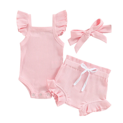 2021 Baby Summer Clothing Baby Girl Tops, Lace Up Pants Suit, Square Neck Short Ruffle Sleeve Romper, Loose Flouncing Shorts