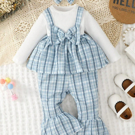 0-2 Fashionable Baby Girl Cute Romantic White Pit Strip Splicing Blue Checkered Long Sleeve Top with Blue Belly Pants and Hairba