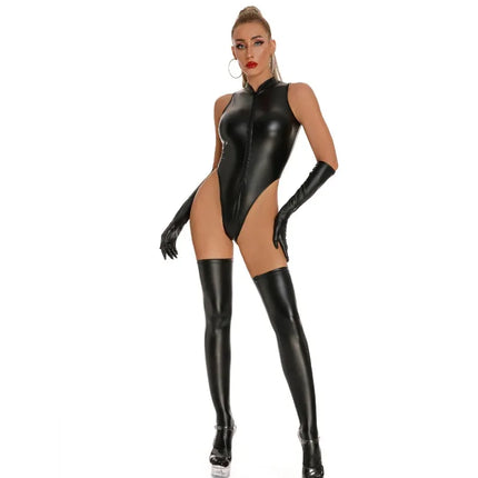 Sexy Women Leather Catsuits With Long Stocking Gloves High Cut Wetlook Latex Bodysuit Lingerie Set Stage Wear Clubwear Overalls