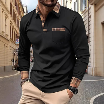New men's casual spring and autumn fashion checked lapel long-sleeved comfortable pocket outdoor party polo shirt