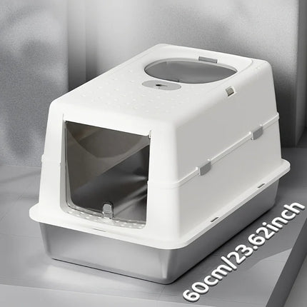 New Stainless Steel Cat Litter Box with Flip Cover Closed Design Easy to Clean Non-Slip Mat Indoor Cats Pet Supplies