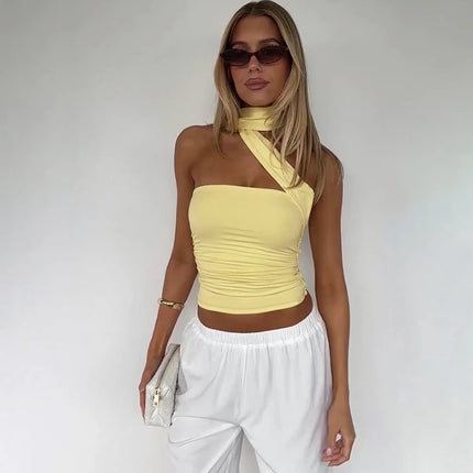 Hugcitar Women Elegant Halter Scarf Strapless Ruched Solid Sexy Slim Crop Tank Top 2025 Summer Casual Clothes Streetwear Party