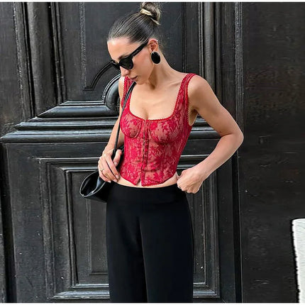 Women's Lace Corset Top Sexy Square Neck Sleeveless Slim Fit Mini Vest 2026 Spring Summer Female Casual Daily Party Fashion Tops