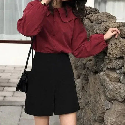 Casual Base Layer Top Autumn Collection Fresh Korean Style Doll Collar New Model Long Sleeve Shirt Women's Top