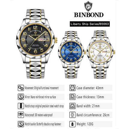 BINBOND Top Brand Luxury Men's Wristwatch Waterproof Luminous Date Week Men's Watches Stainless Steel Quartz Men's Watch Male reloj