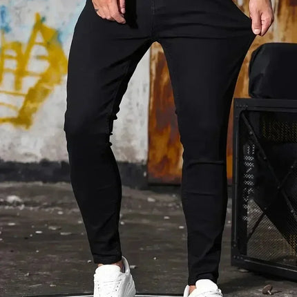 Men Jeans Stretch Skinny Denim Pants Solid Color Black Blue Spring Luxury Street Harajuku Hip-Hop Style Slim Fit Trousers Brand