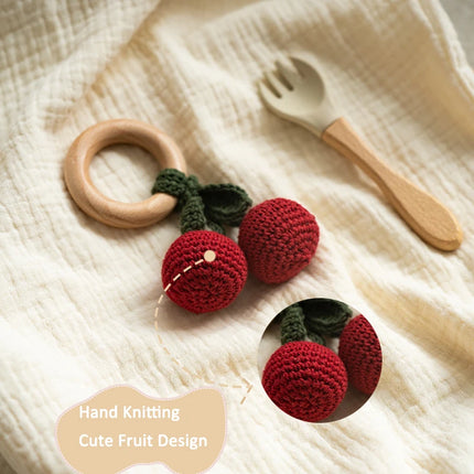 Handmade Crochet Fruit Rattle Toy for Babies Boys Girls Gifts Wood Ring Cherry Rattles Infant Teether for Newborn Music Toys