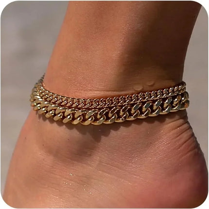 Gold Ankle Bracelets for Women K Gold Plated/Silver Anklets for Women Waterproof Minimalist Cuban Link Anklets Set Gift