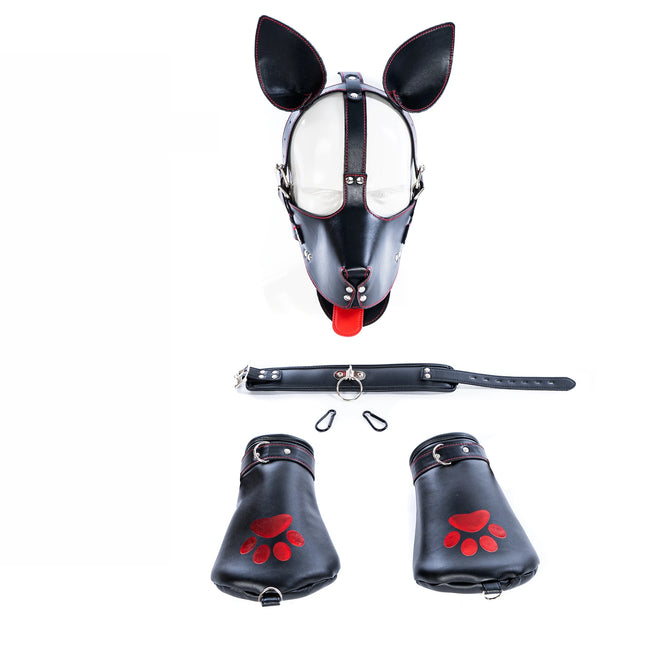 Dog Cosplay Costumes with Leather Restraints Collar and Half-Face Mask with Fetish Gloves for Couples BDSM Slave Bondage Flirting