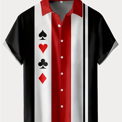 Men's Summer Poker Symbol Stripe Print Shirt Casual Beach Short Sleeve Clothing Male Button Lapel Collar Shirt Fashion Leisurewear