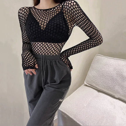 FY108 Sexy Black Fishnet Mesh See Through Women Skinny Goth Hollow Out Long Sleeve Shirts Crop Top T-Shirt Streetwear Gothic