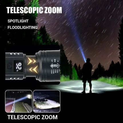 Rechargeable LED Flashlight Zoomable Torch with LCD Display 3 Modes Waterproof High Power Hand Light Outdoor Wilderness Camping