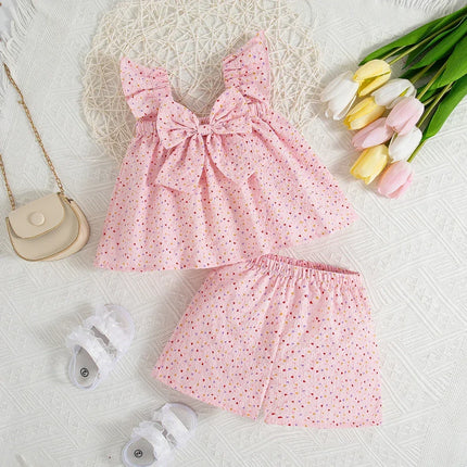 Two Piece Set Baby Girl Suit Summer Bowknot Full Printed Love Girls Beach Set Cute Top Shorts Girls Two Piece Set