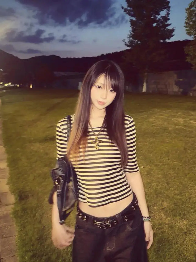 Tonngirls Y2k Fairycore Print T-Shirt Women Three Quarter Japanese 2000s Crop Tops Streetwear American Retro Grunge Tops Slim